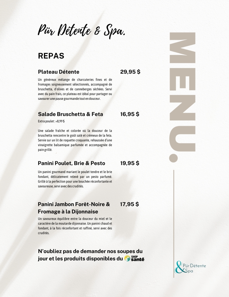 menu bistro pur détente spa de sorel